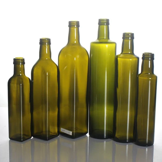 Botella de vidrio cuadrada de 100ml, 250ml, 500ml, 750ml, 1000ml, botella de aceite de oliva, botella de vinagrera de aceite y vinagre verde oscuro con vertedores